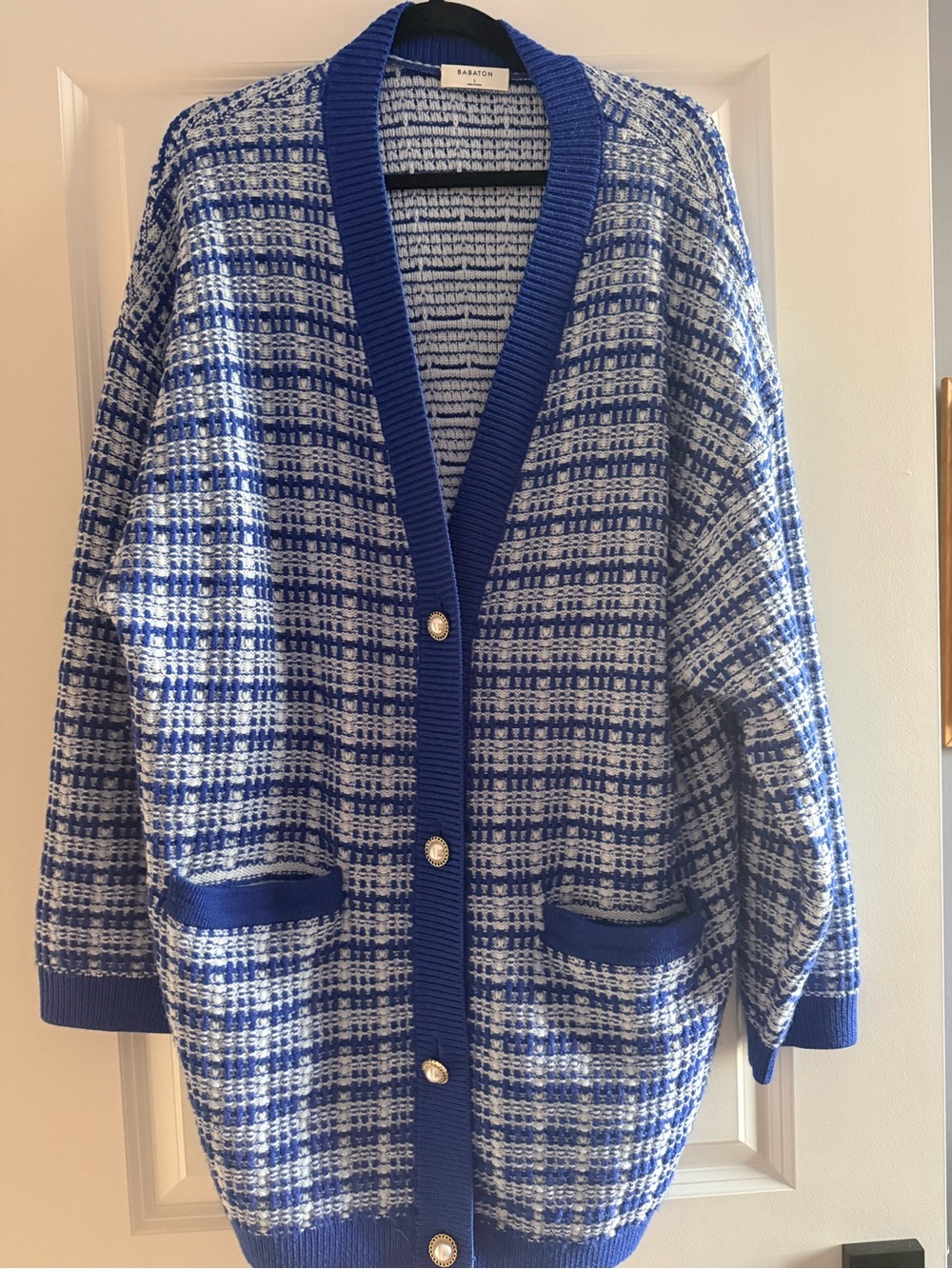Aritzia/Babaton Lacer Blue & White Knit Cardigan Sweater, Size Large